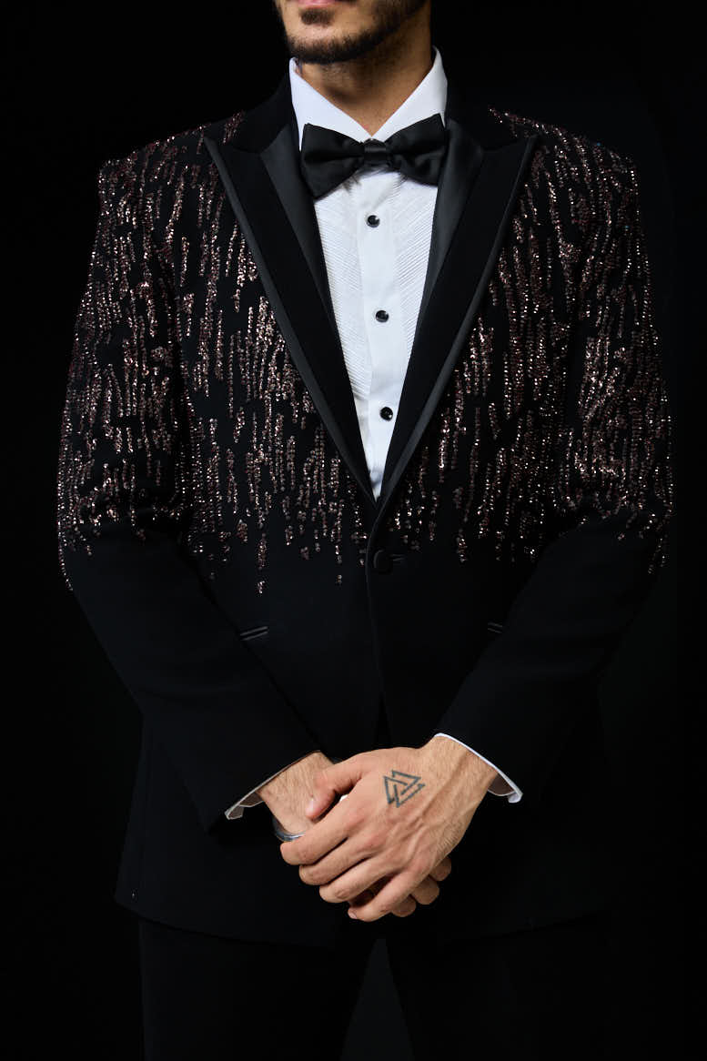 Rose-gold Crystal Shower Black Tuxedo