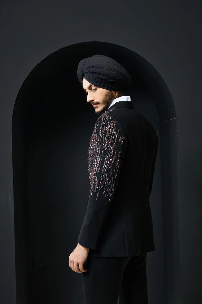 Rose-gold Crystal Shower Black Tuxedo