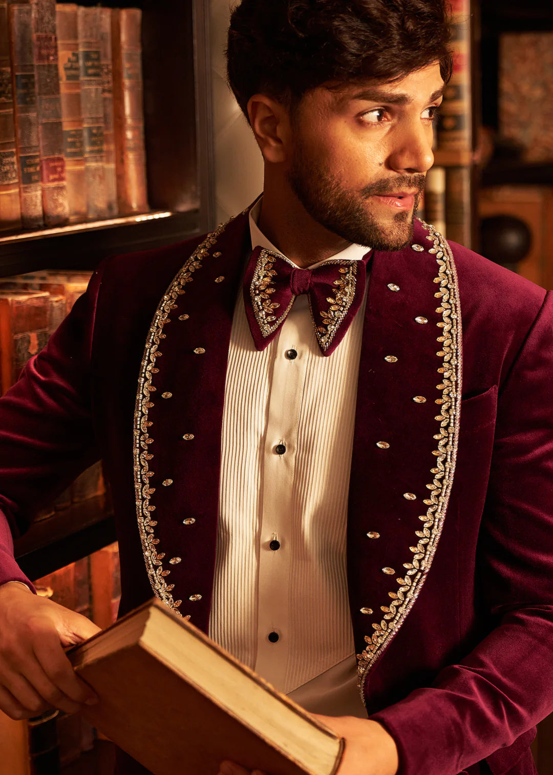 Maroon Cotton Velvet Crystal Wedding Tuxedo