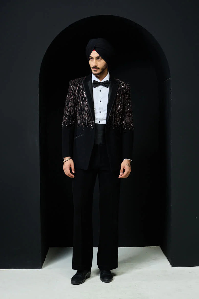 Rose-gold Crystal Shower Black Tuxedo