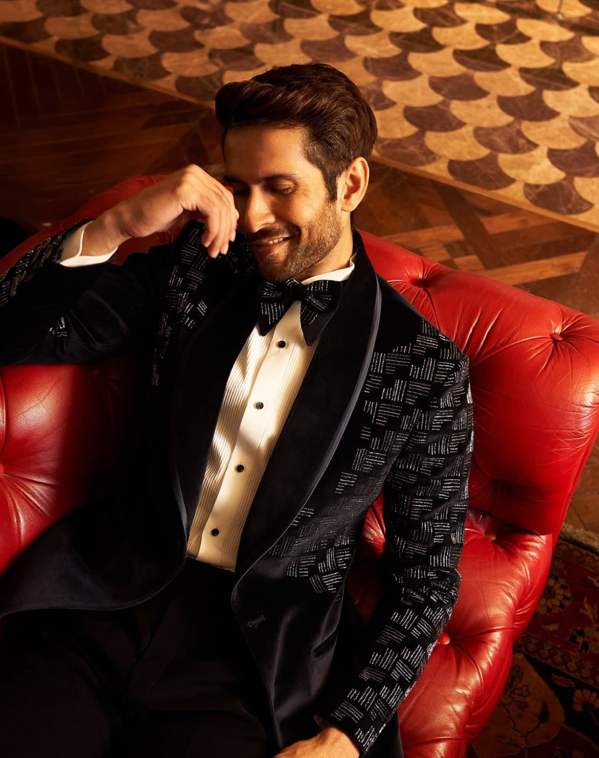 Midnight Black Geometric Crystal Velvet Tuxedo - Darzi Studio