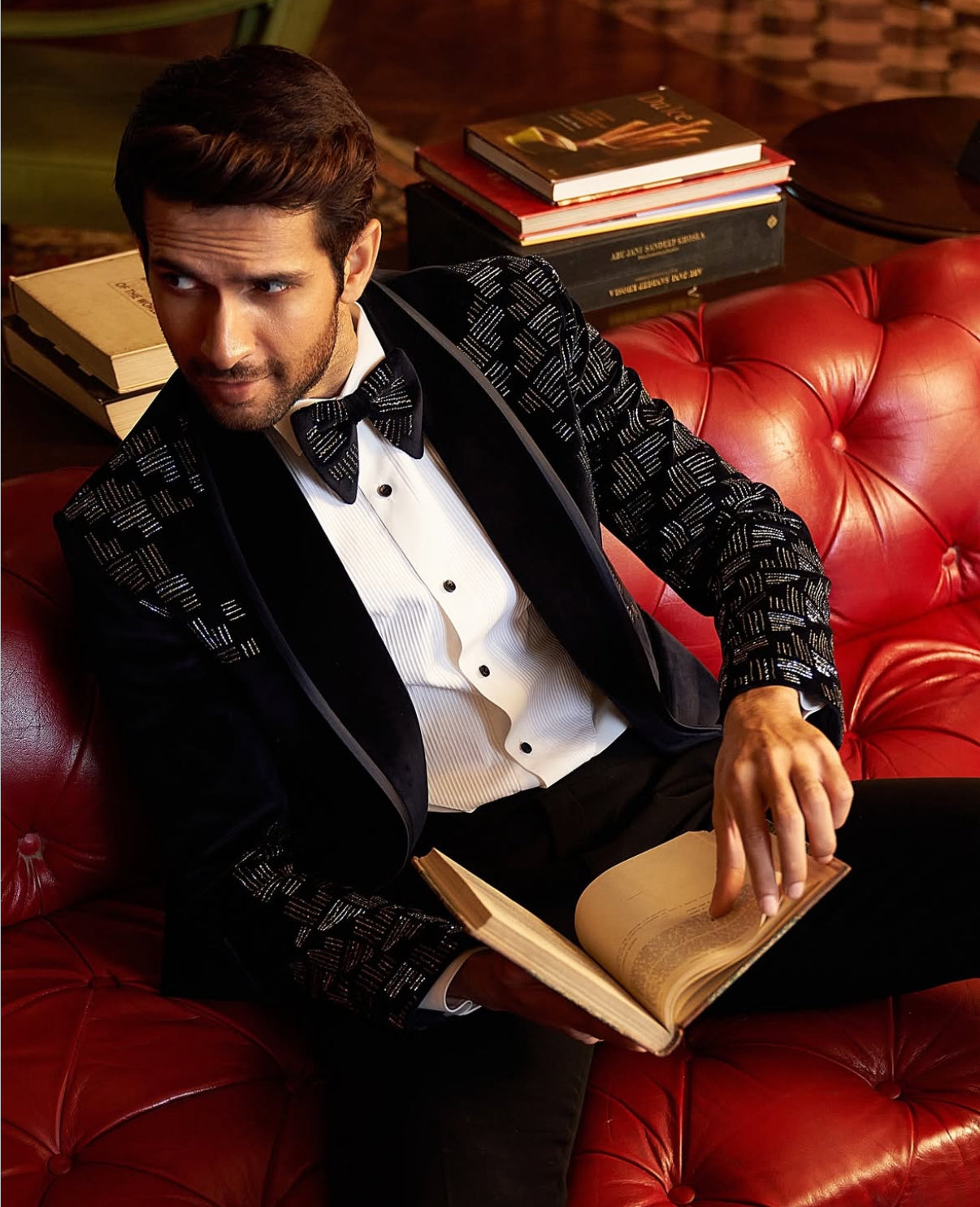 Midnight Black Geometric Crystal Velvet Tuxedo - Darzi Studio