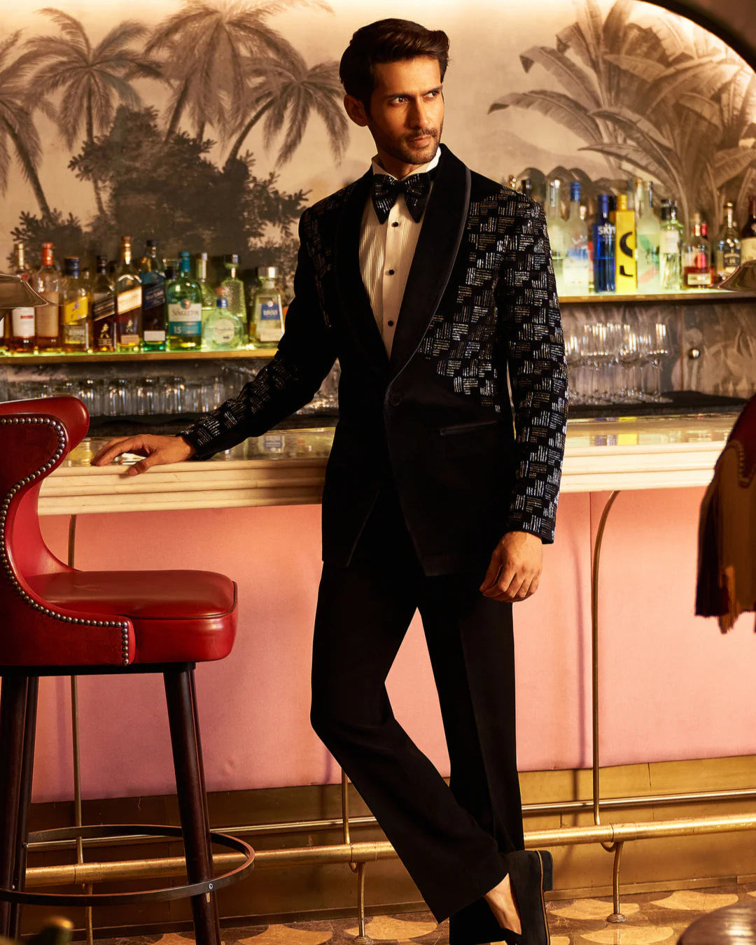 Midnight Black Geometric Crystal Velvet Tuxedo