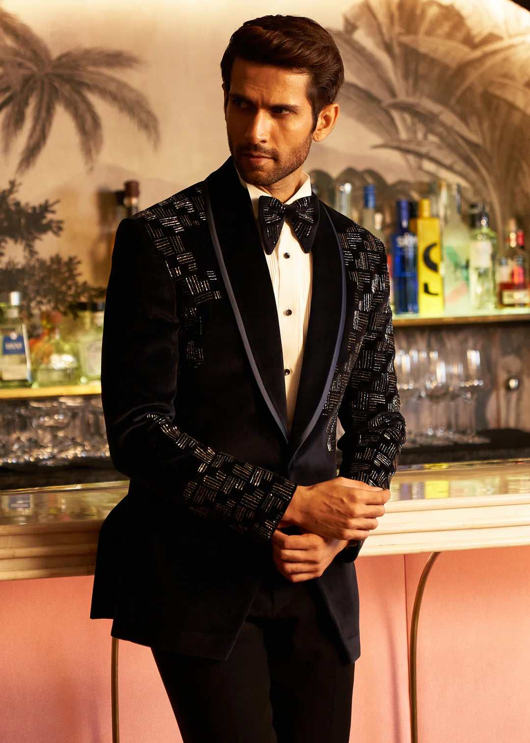 Midnight Black Geometric Crystal Velvet Tuxedo - Darzi Studio
