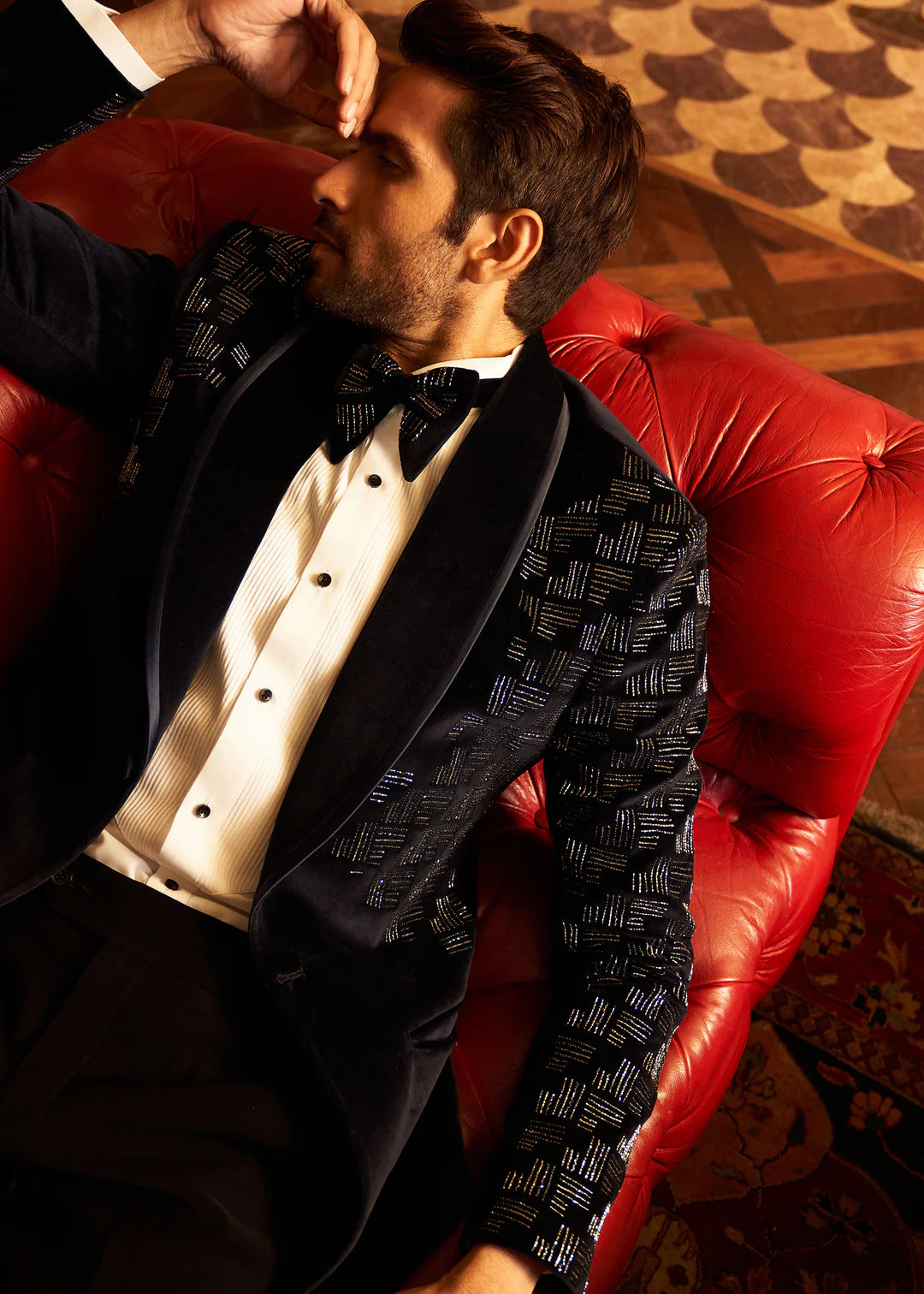 Midnight Black Geometric Crystal Velvet Tuxedo - Darzi Studio