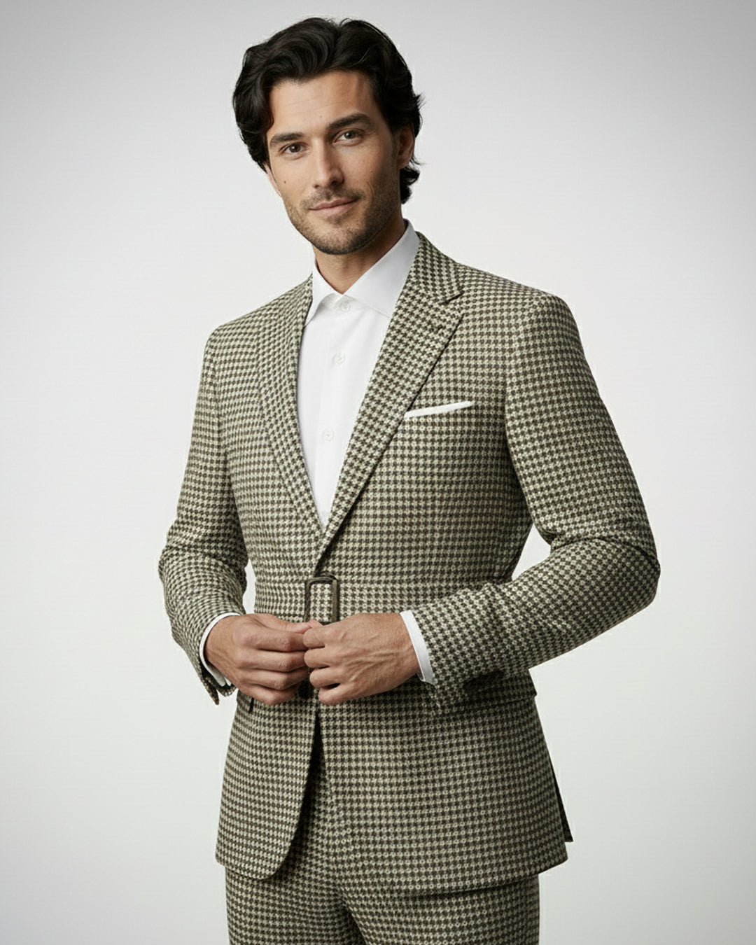 The Olive Houndstooth Belted Blazer