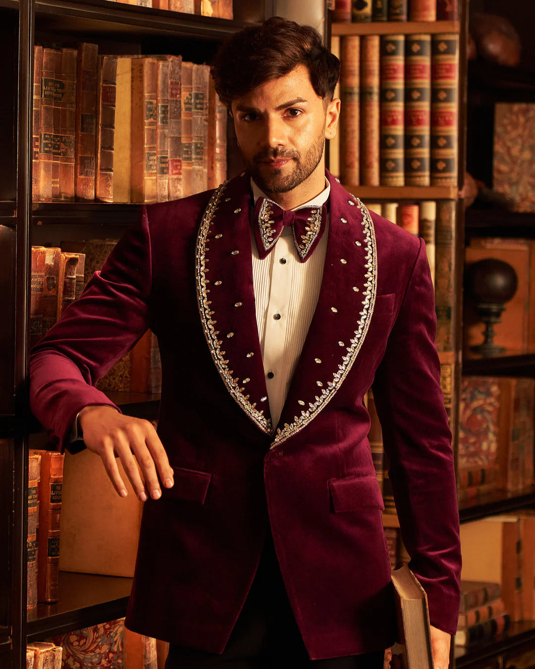 Maroon Cotton Velvet Crystal Wedding Tuxedo