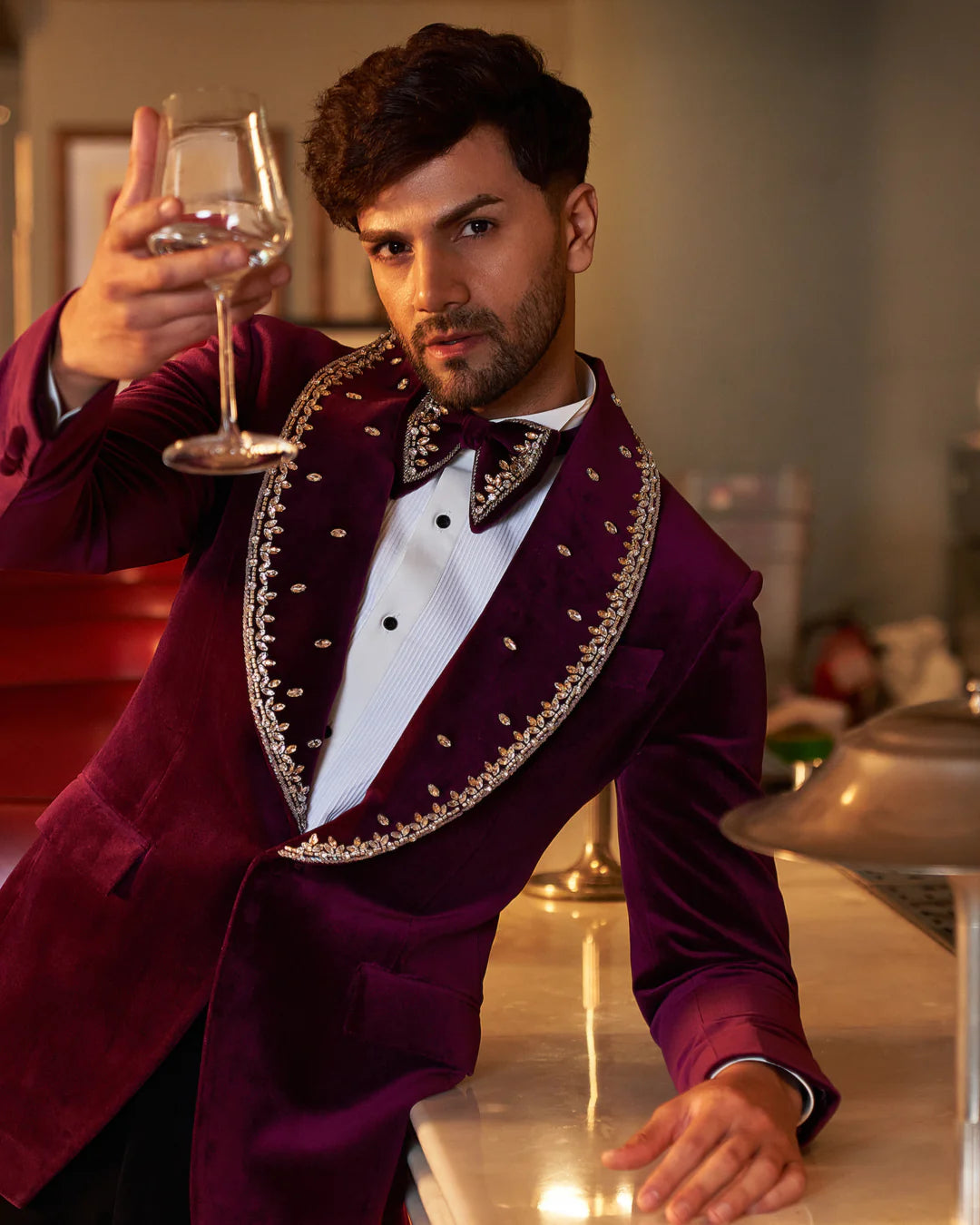 Maroon Cotton Velvet Crystal Wedding Tuxedo