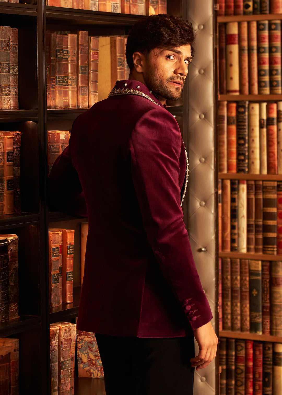 Maroon Cotton Velvet Crystal Wedding Tuxedo